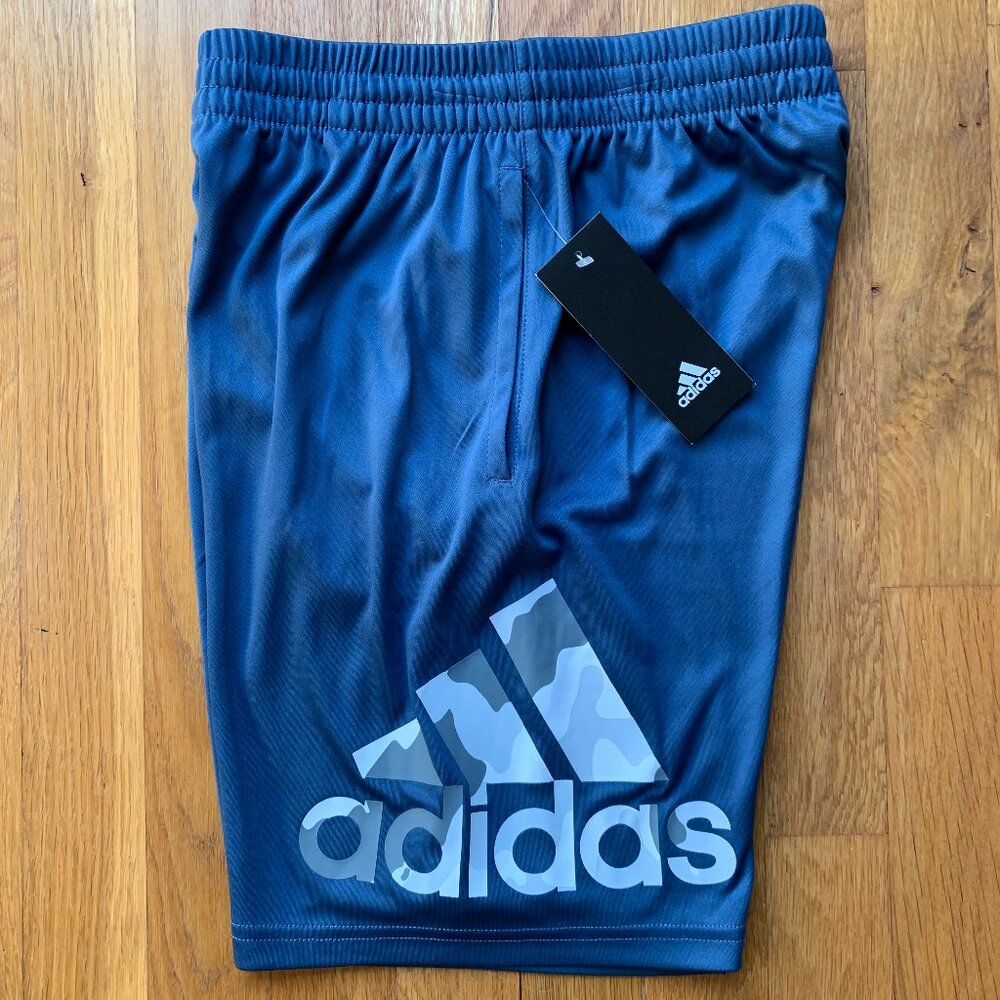 NWT Adidas Boys Shorts Camo Logo Size Medium 10-12 Grey/Blue